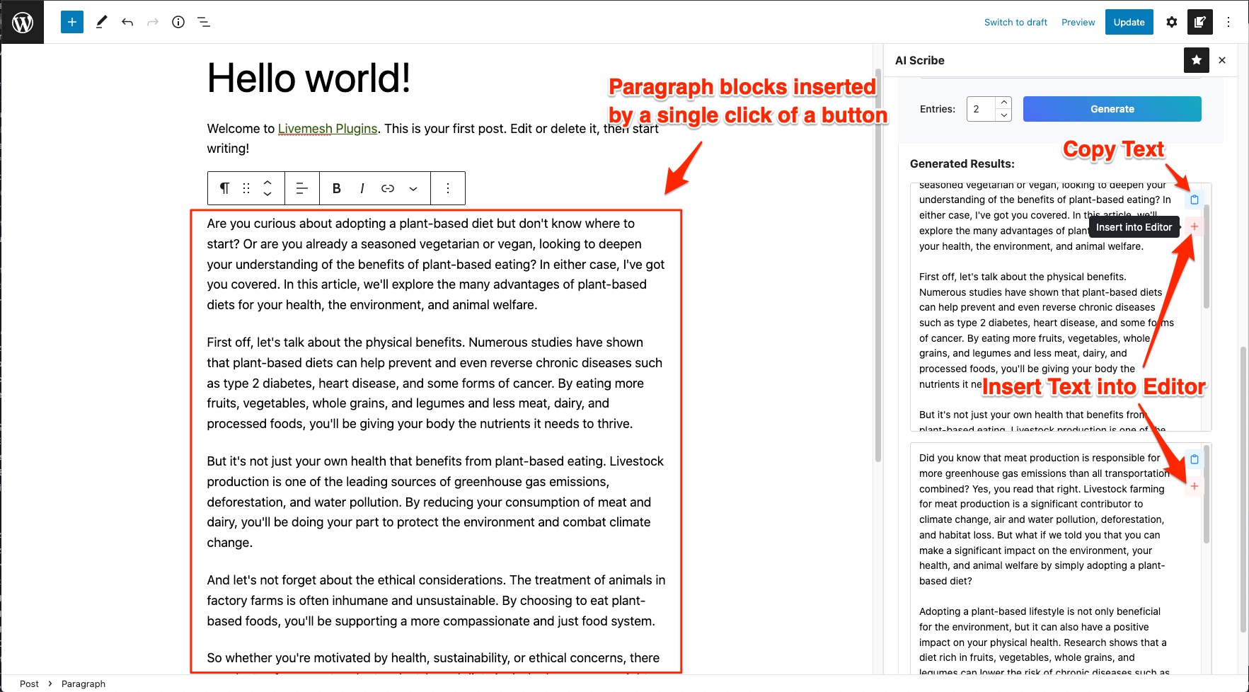 The insertion of generated AI content into the blocks editor for Page/Post in WordPress