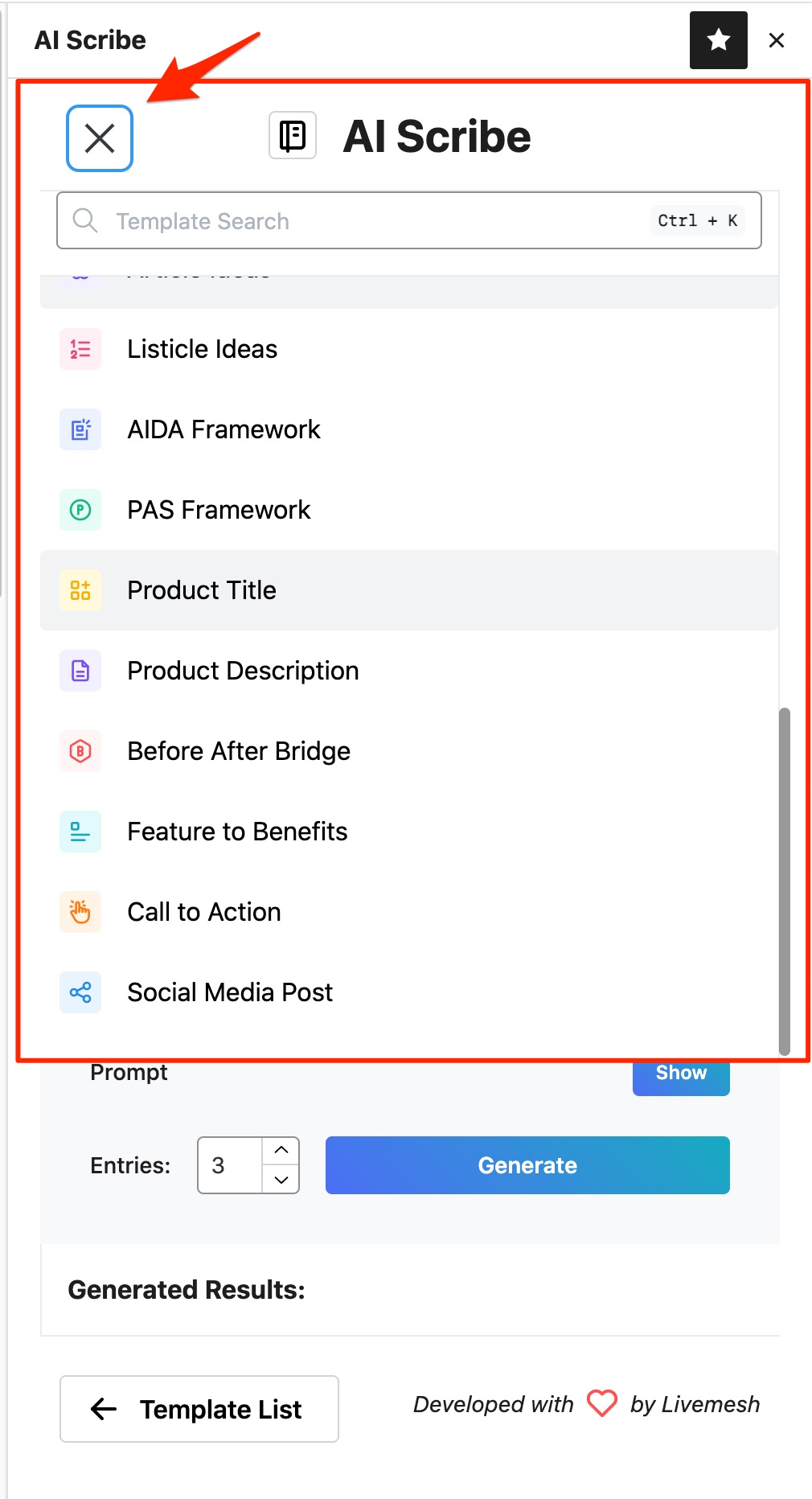 The template list navigation bar in the AI Scribe sidebar app