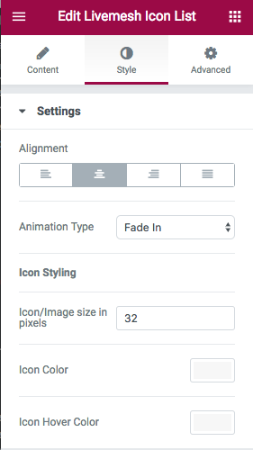 Icon Lists Element Edit Window