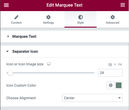 Marquee Text Widget Styling Window