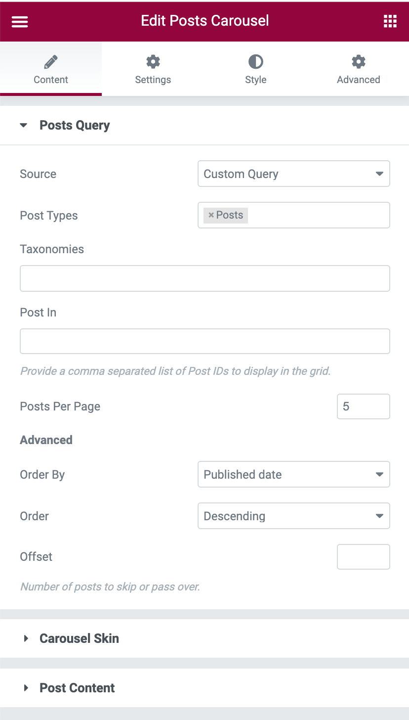 Posts Carousel Build Post Query Tool
