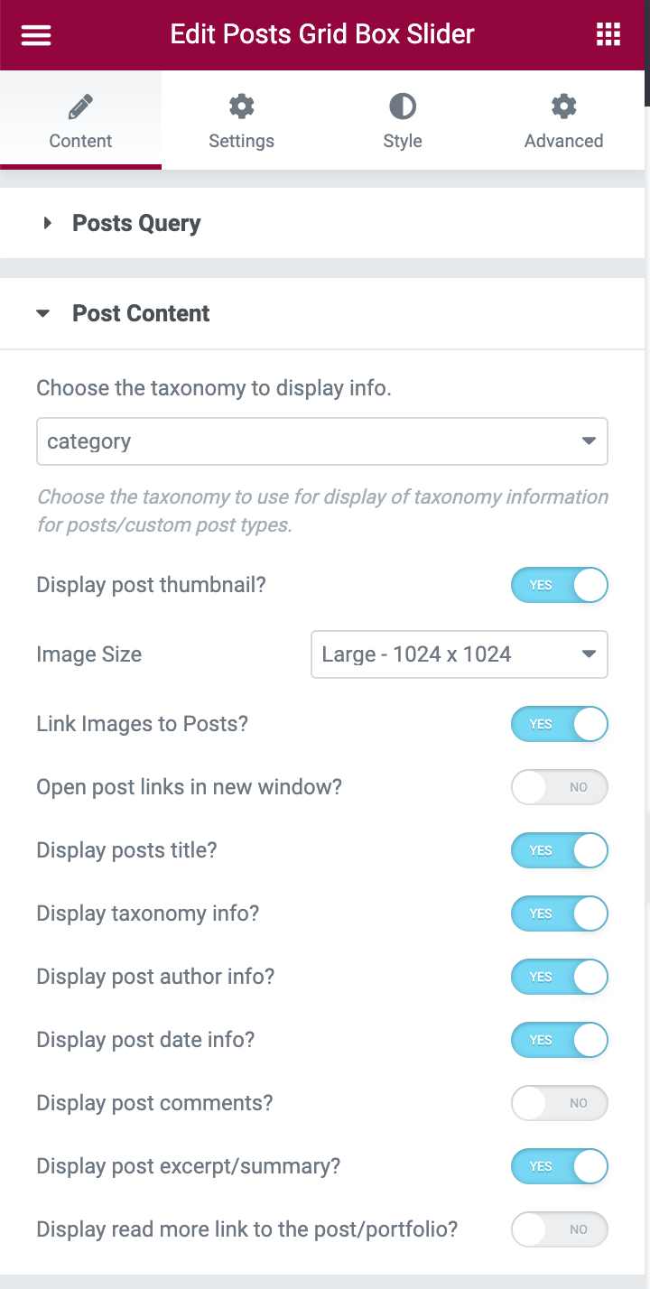 Posts Gridbox Slider Posts Content Options