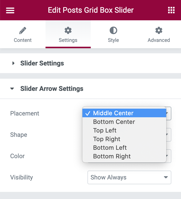 Posts Gridbox Slider Arrow Placement Settings Window