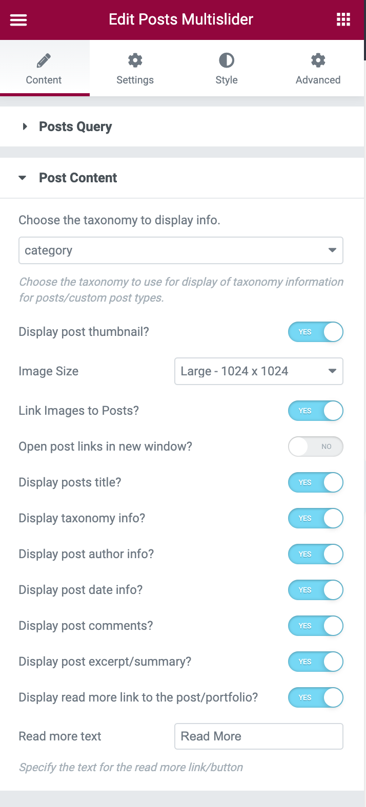 Posts Multislider Posts Content Options