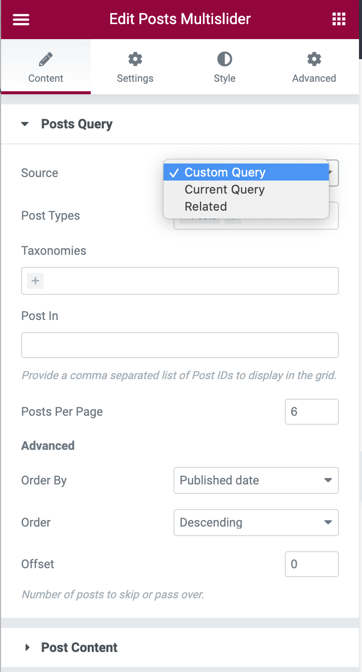 Posts Multislider Post Query Options