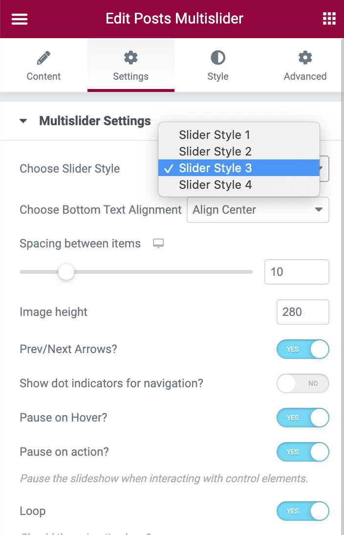 Posts Multislider Slider Style Settings Window