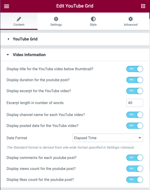 YouTube Gallery Video Content Options